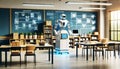 Robot Teacher in Futuristic Classroom Setting with an AI robot teacher presenting educational content on interactive digital