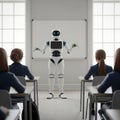 Robot teacher presenting in classroom to students, future education Royalty Free Stock Photo
