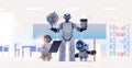 robot teacher with robotic students standing in classroom artificial intelligence technology concept