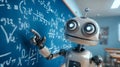 Robot teaching math concepts to students in a classroom setting with chalkboard full of equations Royalty Free Stock Photo