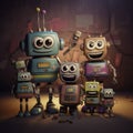Robot team. Happy Robot Family with children