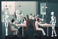 Robot team working in the office. Artificial intelligence concept illustration, Robots replacing humans in the office, AI