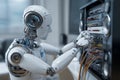 A robot technician is focused on repairing complex equipment in a contemporary tech lab. Various cables and electronic components Royalty Free Stock Photo