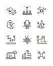 Robot technology and robotic machinery line vector icons. Artificial intelligence symbols