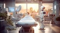 Robot tending to a hospital bed at sunset