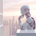 Robot thinking technology science on building background abstract. Cute 3d rendering of android. Futuristic cyborg face,