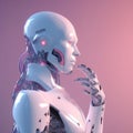 Robot thinking technology science on pink background abstract. Cute 3d rendering of android. Futuristic cyborg face, Royalty Free Stock Photo