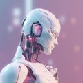 Robot thinking technology science on pink background abstract. Cute 3d rendering of android. Futuristic cyborg face,