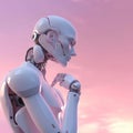 Robot thinking technology science on cloud pink background abstract. Cute 3d rendering of android. Futuristic cyborg face, Royalty Free Stock Photo