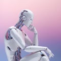 Robot thinking technology science on minimalism pastel pink background. 3d rendering of android. Futuristic cyborg face,