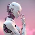 Robot thinking technology science on minimalism pastel background. 3d rendering of android. Futuristic cyborg face, Royalty Free Stock Photo