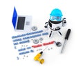 Robot with tools and program source code. Isolated. Contains clipping path Royalty Free Stock Photo