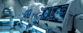 Robot with touch screens and manipulators. Artificial intelligence robots with holographic control panels in a cutting