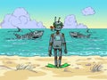 Robot tourist on the seashore. Mechanical dangerous sharks swim in the ocean Royalty Free Stock Photo