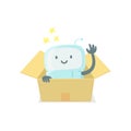 Robot toy in the box. Cute small new emoji sticker Icon. Very cute for child kid surprise box. You are beautiful
