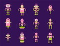 Robot toys collection in pink, green colors. Fun vector robots toy set icon in flat style isolated on violet background