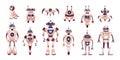 Robot toys. Funny android different characters, cute ai technology assistant, futuristic childish game. Humanoid, drone