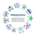 Robot toys icons vector poster. Robotic machine technology. Robocop cartoon charactes. Intelligence robotechnic Royalty Free Stock Photo