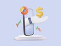 Robot trader. AI for automation trading on stock market 3D. Hand robot point at candlestick graph on screen phone.