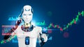 Robot trading on stock market. Artificial intelligence of forex broker with analyzing business charts with investment financial