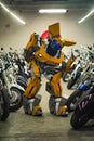 Robot transformer Bumblebee stands in garage
