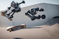 Robot trying to ride a skateboard with wheels for feet, resulting in a chaotic tumble illustration AI Generated