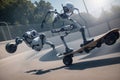 Robot trying to ride a skateboard with wheels for feet, resulting in a chaotic tumble illustration AI Generated
