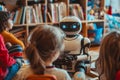 Robot tutors teaching children in a home classroom setting Royalty Free Stock Photo