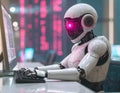 Robot typing on computer keyboard under glowing pink interface Royalty Free Stock Photo