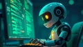 Robot Typing on Keyboard with Code on Screen Royalty Free Stock Photo