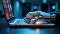 Robot typing on laptop at night, exploring advanced technology
