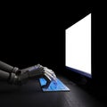 Robot typing on pc in darkness 3d illustration