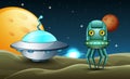 Robot and ufo together landed in the moon Royalty Free Stock Photo
