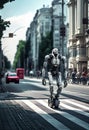 A robot on a unicycle rides through the streets of the city. AI generated. AI Generated