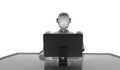 Robot using a computer isolated on white, artificial Royalty Free Stock Photo