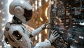 A robot is using a computer monitor to type on a keyboard by AI generated image Royalty Free Stock Photo