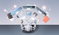 Robot using computer monitors typing keyboard at workplace desk office stuff working process top angle view artificial Royalty Free Stock Photo