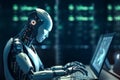 Robot using computer software for gpt binary coding in server room. Generative AI Royalty Free Stock Photo