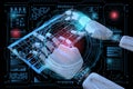 Robot using a computer. ÃÂ¡yborg typing on the keypad. 3d render illustration. Hud hologram futuristic background
