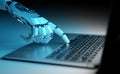Robot using a laptop. Cyborg hand pressing a keyboard with his finger. 3D rendering Royalty Free Stock Photo