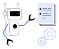 Robot Using Mechanical Arm to Interact with Documents and Gears Representing Automation and Technology Royalty Free Stock Photo