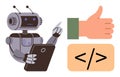 Robot with Tablet Analyzing Code, Hand Gesture for Approval and Programming Symbol Royalty Free Stock Photo