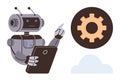 Robot using a tablet to interact with a gear system cloud concept representing automation and technology Royalty Free Stock Photo
