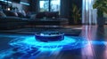 Robot vacuum cleaner scans space and builds route map on floor, automated smart hoover works at home, futuristic lights in living