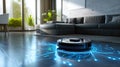 Robot vacuum cleaner scans space and builds route map on floor of living room, futuristic lights of automated smart hoover working