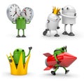 Robot with various situations. Robot with crown, robot with rocket, robot with watches