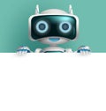 Robot vector character background design. Robotic 3d character showing empty white board with space for text and messages.