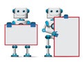 Robot vector characters holding blank whiteboard for text