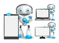 Robot vector characters set holding mobile phone, laptop and other gadget