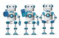 Robot vector characters set standing with different hand gestures